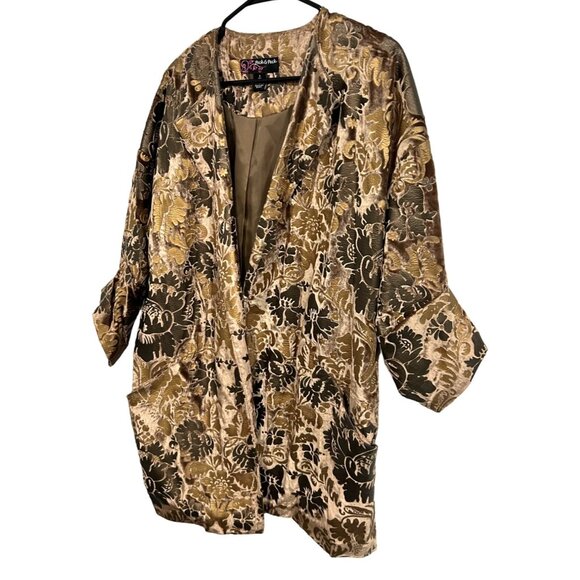 Velvet Floral Open Front Jacket Peck & Peck Size Small Brown Gold - Picture 3 of 8